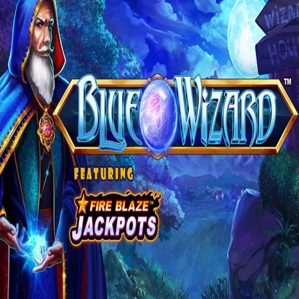 Blue Wizard Fire Blaze Jackpots online game logo by Rarestone Gaming on scooorecasinoo.com