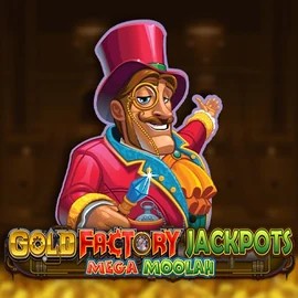 Gold Factory Jackpots Mega Moolah online game logo by Aurum Signature Studios on scooorecasinoo.com